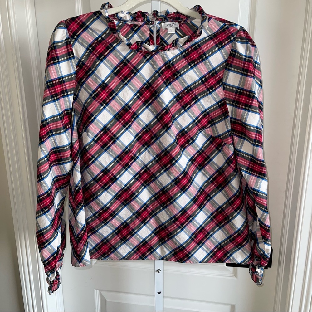 J.Crew Plaid Ruffle Neck Blouse Size L Red Blue White Cotton Long Sleeve Top